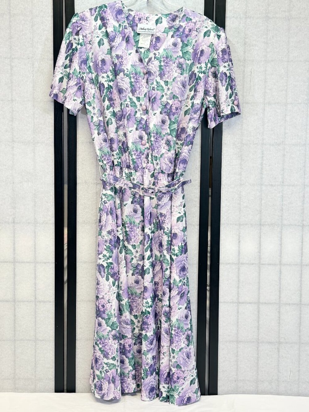 Vintage Anthony Richards Purple Floral Secretary Midi Dress 14 USA V Neck Button